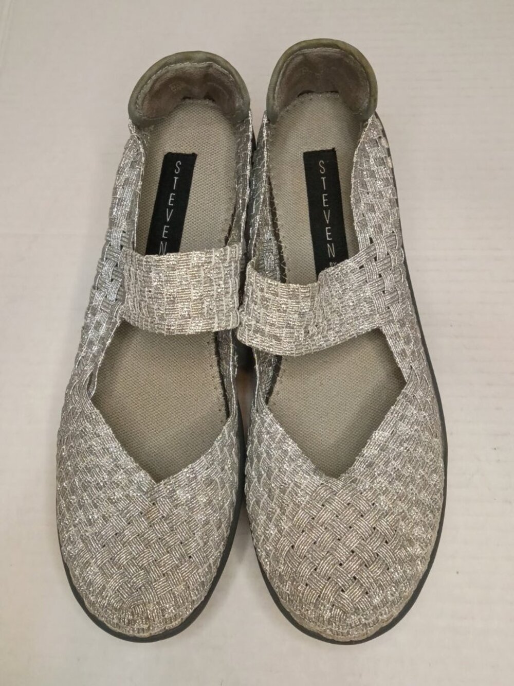 Steven by Steve Madden Brice Silver Woven Mary Jane Wedges Women's Size 9